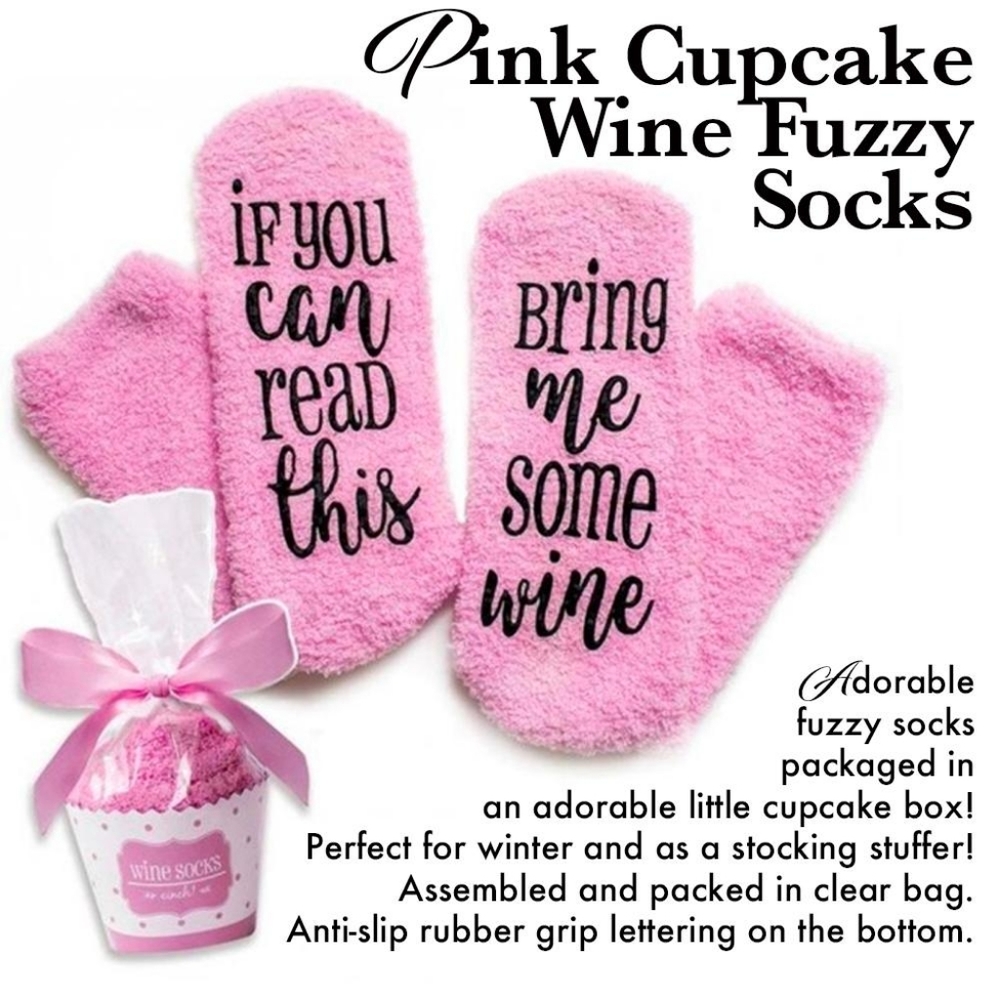 Pink Cupcake Wine Fuzzy Socks Gripper Bottoms NEW
